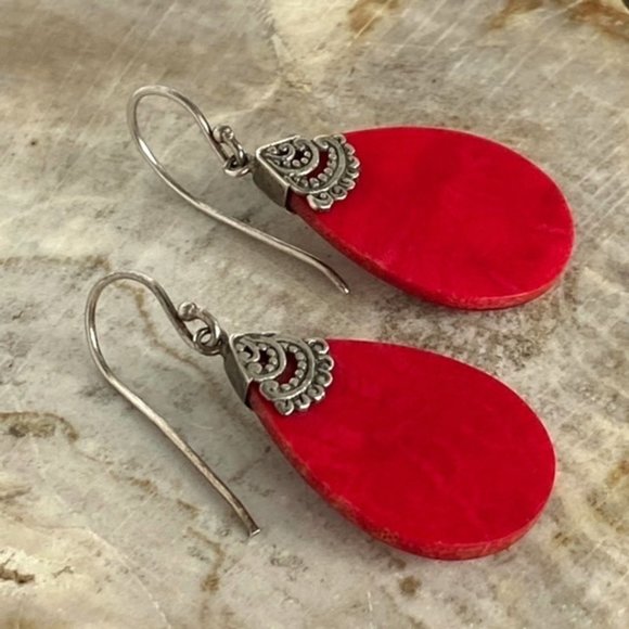 Jewelry - Sterling Silver Bali Style Sponge Coral Teardrop Dangle hook Earrings ATI 925